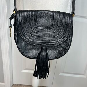 Fossil Black Leather Emi Tassel Saddle Bag Crossbody Purse Western Boho Festival